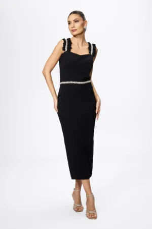 Rochie de ocazie premium cu bretele incretite si strass-uri Lorenza Neagra