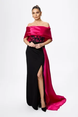 Rochie de ocazie premium cu crepeu in fata si detalii din organza Orchid Neagra