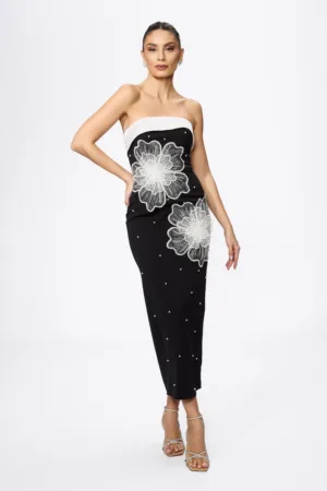 Rochie de ocazie premium cu croi drept accesorizata cu flori 3D si perlute Parma Neagra