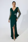Rochie de ocazie premium cu croi petrecut si maneci din tull cu strass-uri Eleftheria Verde