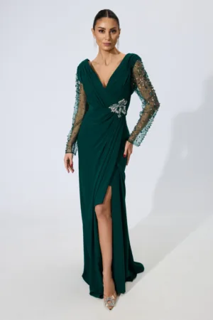 Rochie de ocazie premium cu croi petrecut si maneci din tull cu strass-uri Eleftheria Verde
