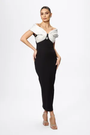 Rochie de ocazie premium cu detalii albe si strass-uri la bust Dahlia Neagra