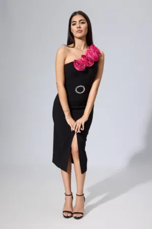 Rochie de ocazie premium cu flori 3D si crepeu in fata Blandina Neagra