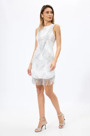 Rochie de ocazie premium cu franjuri si strass-uri Persida Alba