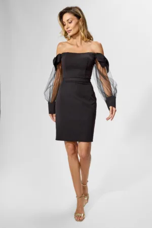 Rochie de ocazie premium cu fundite si maneci din tull Riessa Neagra