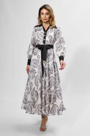 Rochie de ocazie premium cu imprimeu si guler tip camasa Berlina Ecru