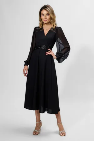 Rochie de ocazie premium cu maneci lungi din voal Kosta Neagra