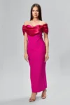 Rochie de ocazie premium cu maneci si volan peste bust din satin Sangria Ciclam