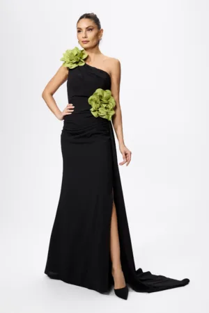 Rochie de ocazie premium cu model one shoulder si flori 3D Luigia Neagra