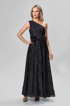 Rochie de ocazie premium cu model one shoulder si insertii din fir argintiu Verena Neagra