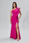 Rochie de ocazie premium cu model one shoulder si volane Solis Fucsia