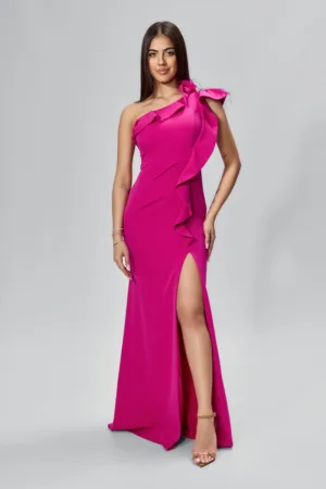 Rochie de ocazie premium cu model one shoulder si volane Solis Fucsia