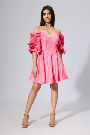 Rochie de ocazie premium cu paiete si flori 3D Nolina Roz