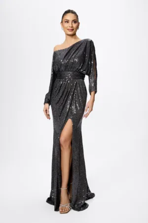 Rochie de ocazie premium cu paiete si pliuri in talie Ersilia Antracit