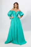 Rochie de ocazie premium cu perlute si maneci cu funde Orinthia Verde