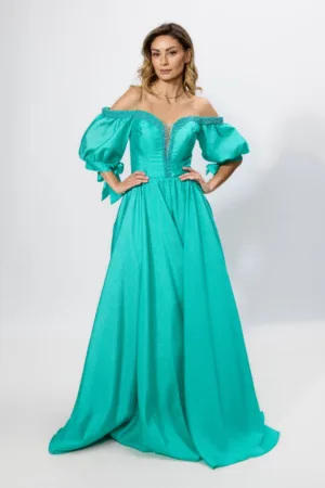 Rochie de ocazie premium cu perlute si maneci cu funde Orinthia Verde