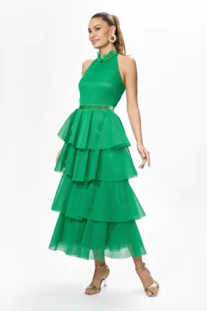 Rochie de ocazie premium cu spatele gol si volane Lisaura Verde
