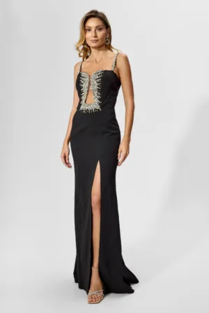 Rochie de ocazie premium cu strass-uri si crepeu in fata Epical Neagra