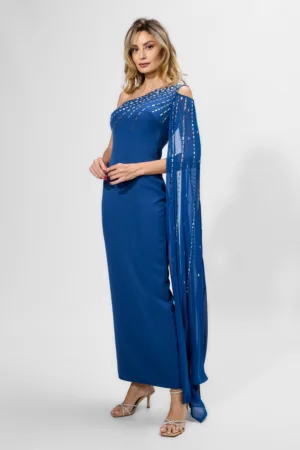 Rochie de ocazie premium cu strass-uri si maneca lunga tip esarfa Novalyn Bleumarin