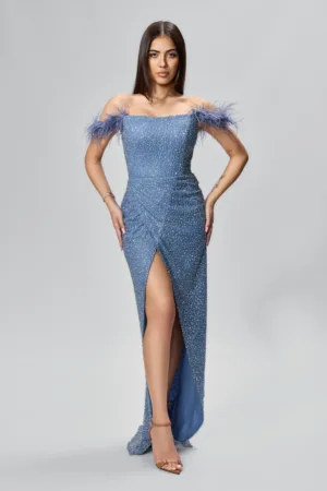 Rochie de ocazie premium cu strass-uri si model petrecut Qiara Indigo