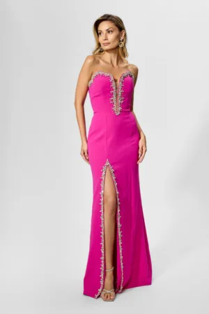 Rochie de ocazie premium cu strass-uri si umerii goi Indilla Fucsia