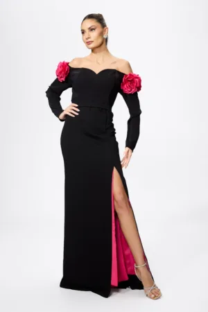 Rochie de ocazie premium cu trena si flori 3D la umeri Piacenza Neagra