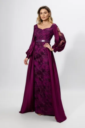 Rochie de ocazie premium cu tull brodat si trena Wisteria Violet