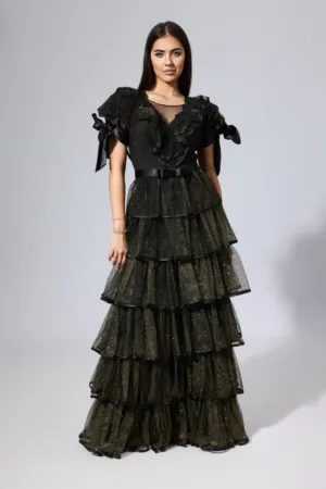 Rochie de ocazie premium cu volane si glitter auriu Always Neagra