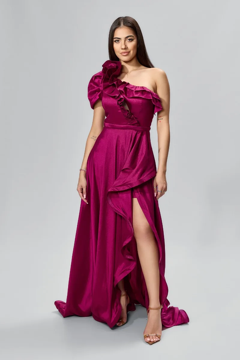 Rochie de ocazie premium cu volane si model one shoulder Honora Marsala