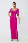 Rochie de ocazie premium din crepe accesorizata cu strass-uri si franjuri Glam Fucsia