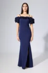 Rochie de ocazie premium din crepe cu flori 3D la bust Fever Bleumarin