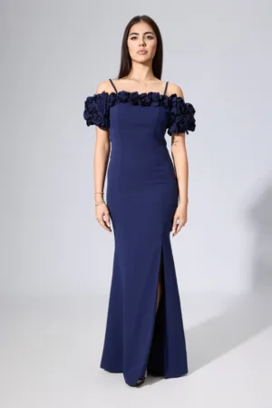 Rochie de ocazie premium din crepe cu flori 3D la bust Fever Bleumarin