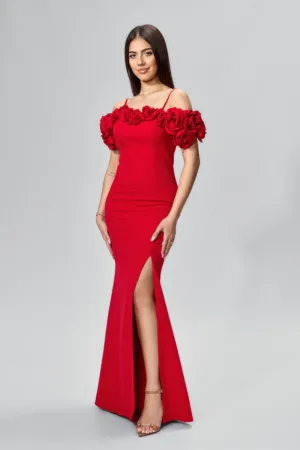 Rochie de ocazie premium din crepe cu flori 3D la bust Fever Rosie