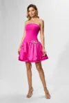 Rochie de ocazie premium din crepe si satin cu strass-uri Ryna Fucsia