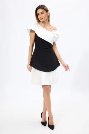 Rochie de ocazie premium din crepe si tafta satinata cu volan peste bust Mina Bicolora