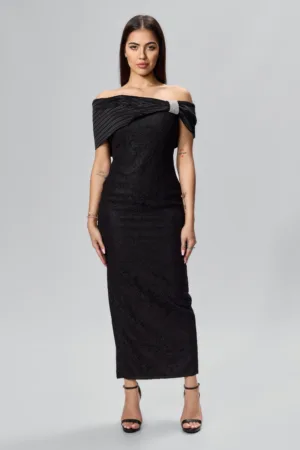 Rochie de ocazie premium din dantela cu detaliu tip volan Iraida Neagra