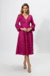 Rochie de ocazie premium din dantela cu maneci usor bufante Rosalba Fucsia