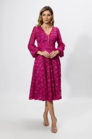 Rochie de ocazie premium din dantela cu maneci usor bufante Rosalba Fucsia