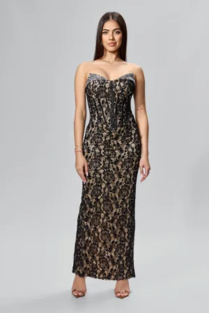 Rochie de ocazie premium din dantela cu strass-uri Fenya Neagra