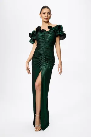 Rochie de ocazie premium din licra cu fir lame si crepeu in fata Inflorescence Verde