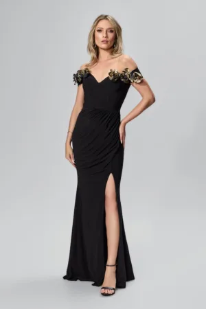 Rochie de ocazie premium din licra cu flori 3D aurii Meyland Neagra