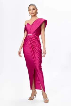 Rochie de ocazie premium din licra cu model petrecut si strass-uri Vivere Fucsia