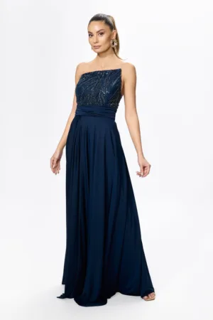 Rochie de ocazie premium din licra cu paiete si strass-uri pe bust Dancing Bleumarin