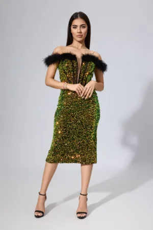 Rochie de ocazie premium din paiete cu pene Feride Multi
