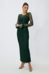 Rochie de ocazie premium din plasa cu strass-uri si pene Select Verde