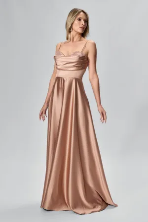 Rochie de ocazie premium din satin cu bretele Malika Bej
