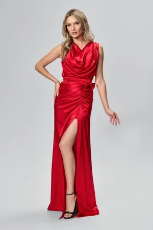 Rochie de ocazie premium din satin cu crepeu Perla Rosie