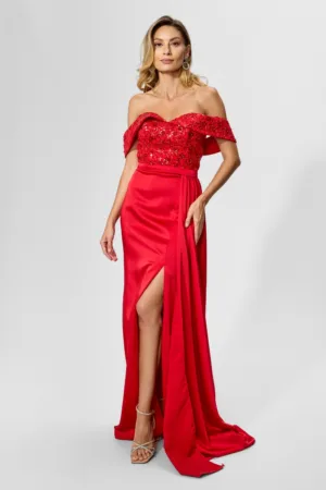 Rochie de ocazie premium din satin cu cu broderie si paiete Senalda Rosie