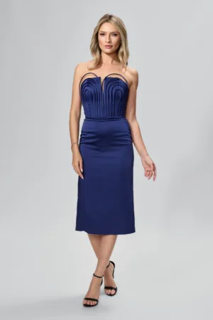 Rochie de ocazie premium din satin cu detalii 3D Pavia Bleumarin