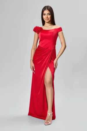Rochie de ocazie premium din satin cu flori 3D si model petrecut Gala Rosie